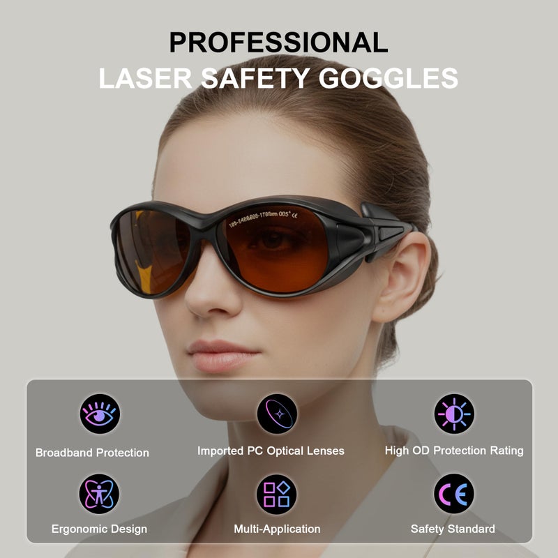 MCWlaser نظارات أمان الليزر OD5+ 190-540nm & 800-1700nm - حماية العين من الليزر الأزرق والأخضر والأشعة فوق البنفسجية لنظارات الليزر 405nm، 445nm، 450nm، 532nm، 808nm، 980nm، 1064nm، 1080nm، MCWlaser - Image 2